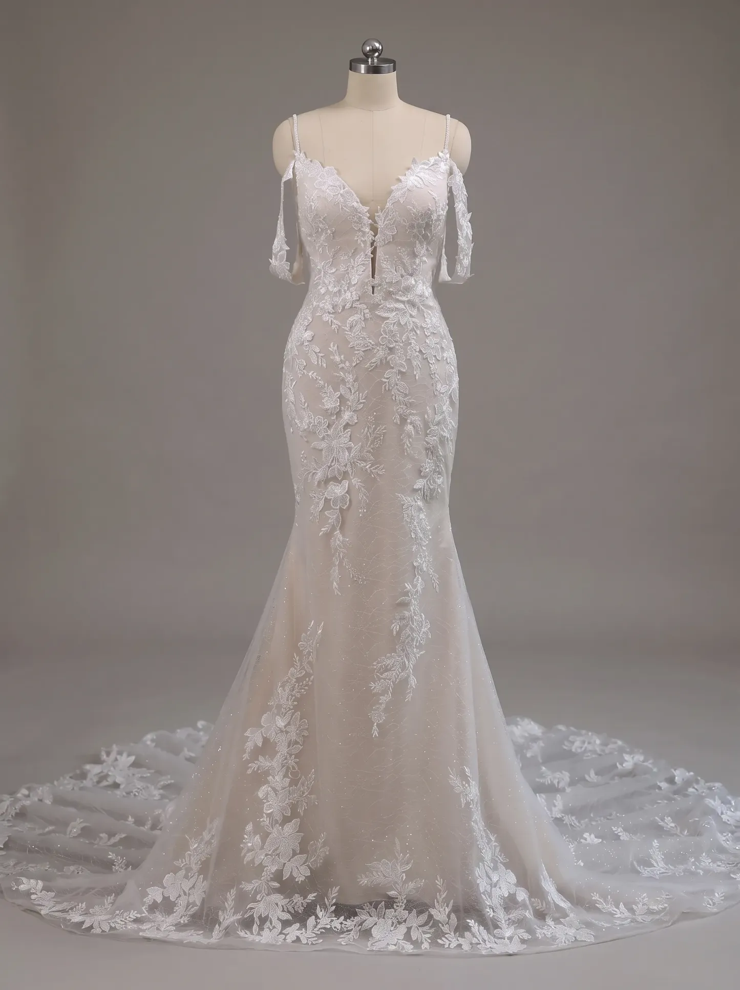 Couture Lee V-Neck Lace Mermaid Wedding Dress With Spaghetti Straps