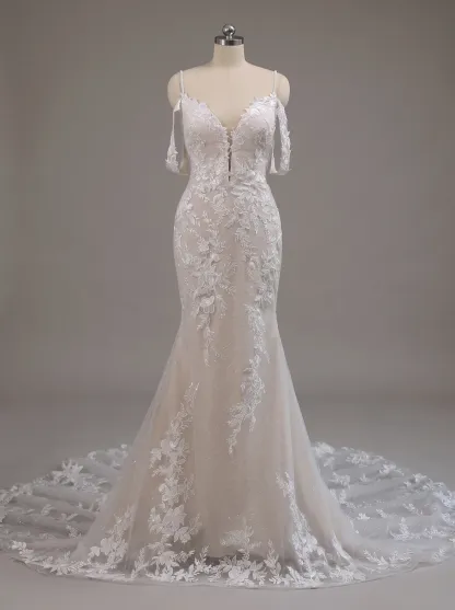 Couture Lee V-Neck Lace Mermaid Wedding Dress With Spaghetti Straps