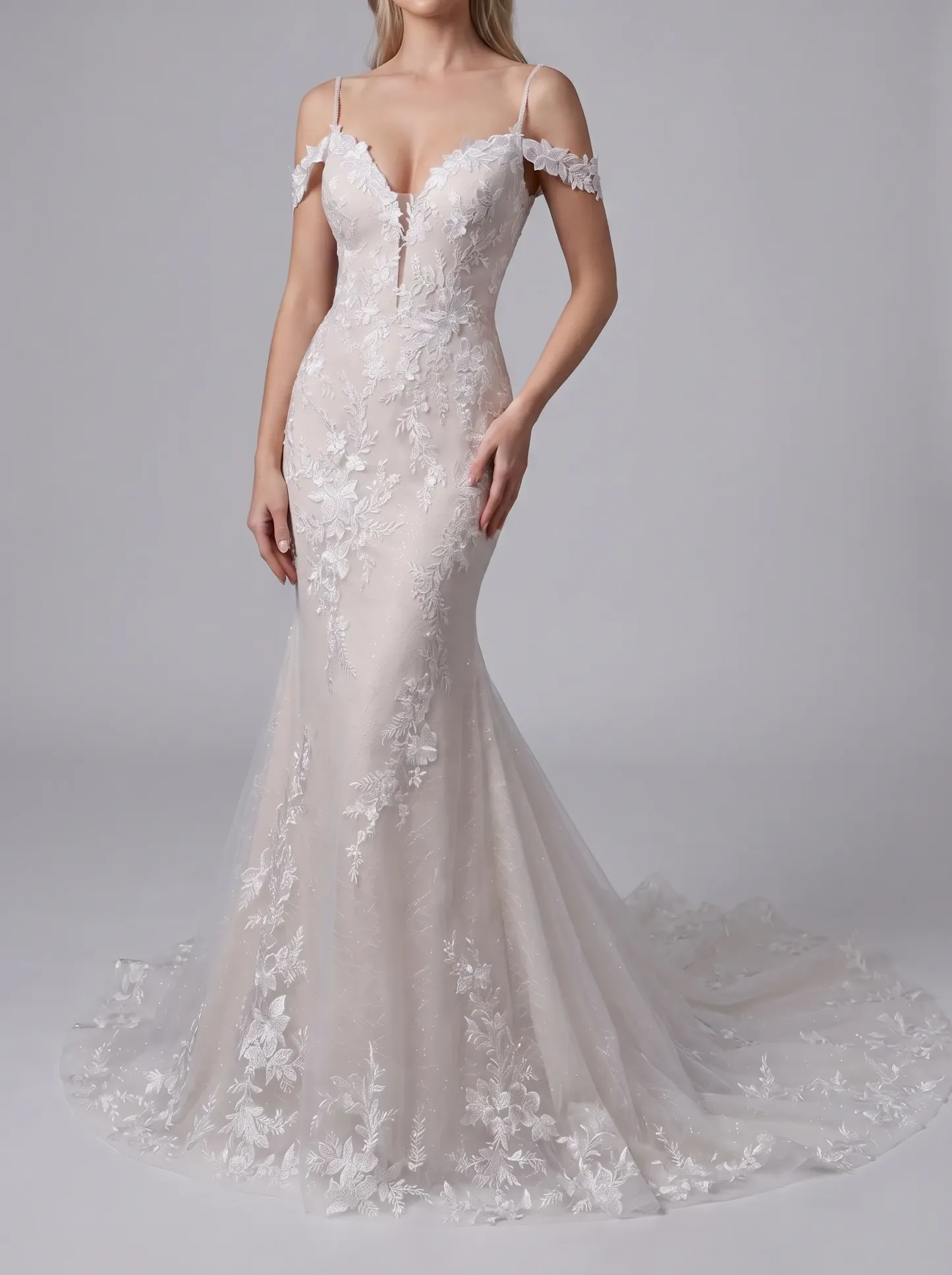 Couture Lee V-Neck Lace Mermaid Wedding Dress With Spaghetti Straps