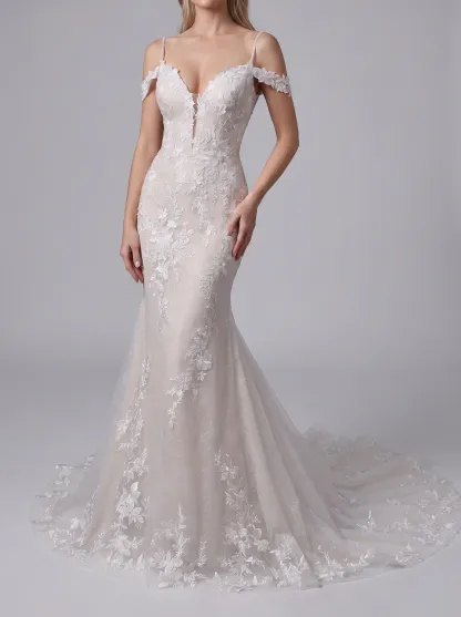 Couture Lee V-Neck Lace Mermaid Wedding Dress With Spaghetti Straps