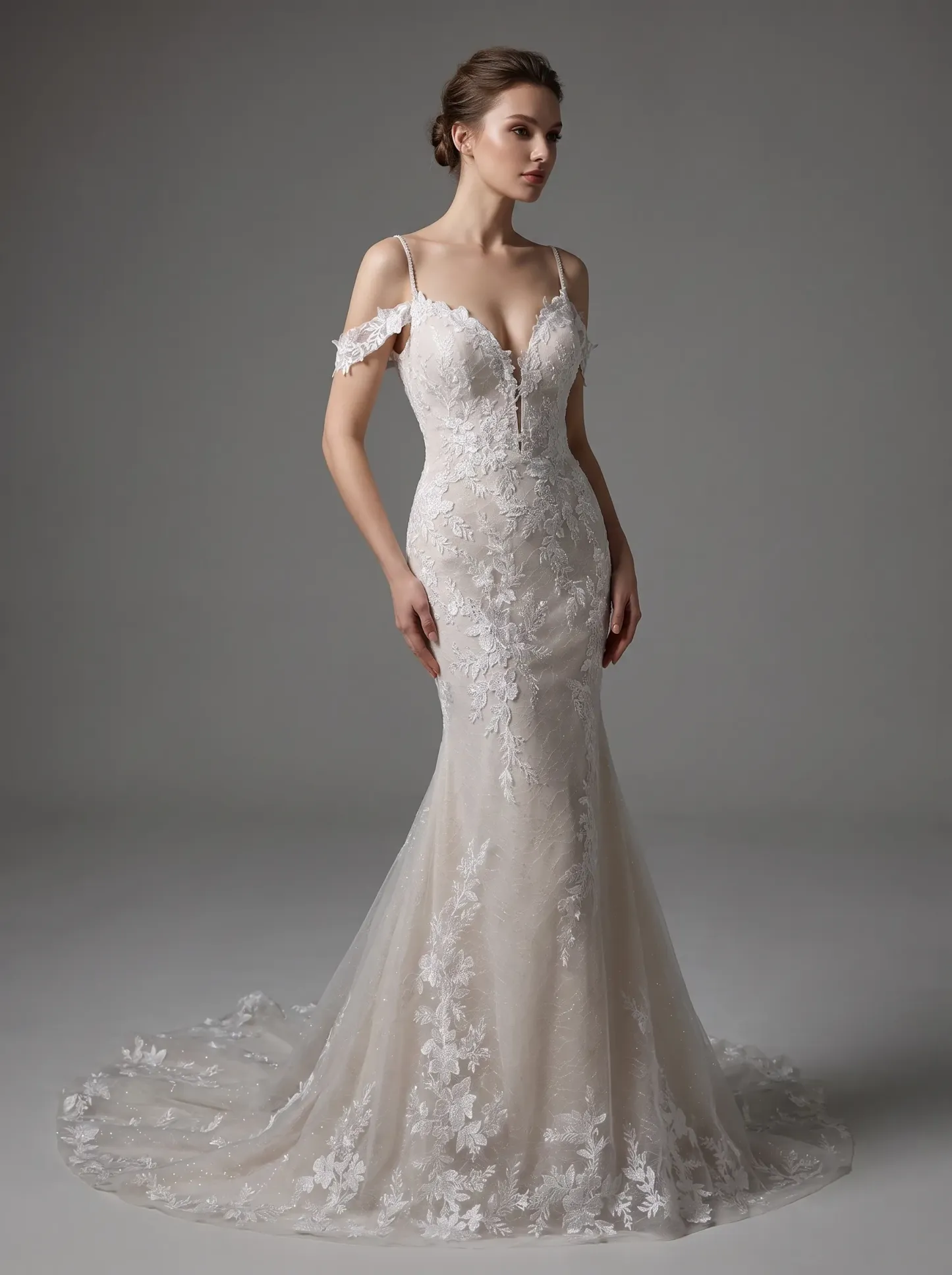 Couture Lee V-Neck Lace Mermaid Wedding Dress With Spaghetti Straps