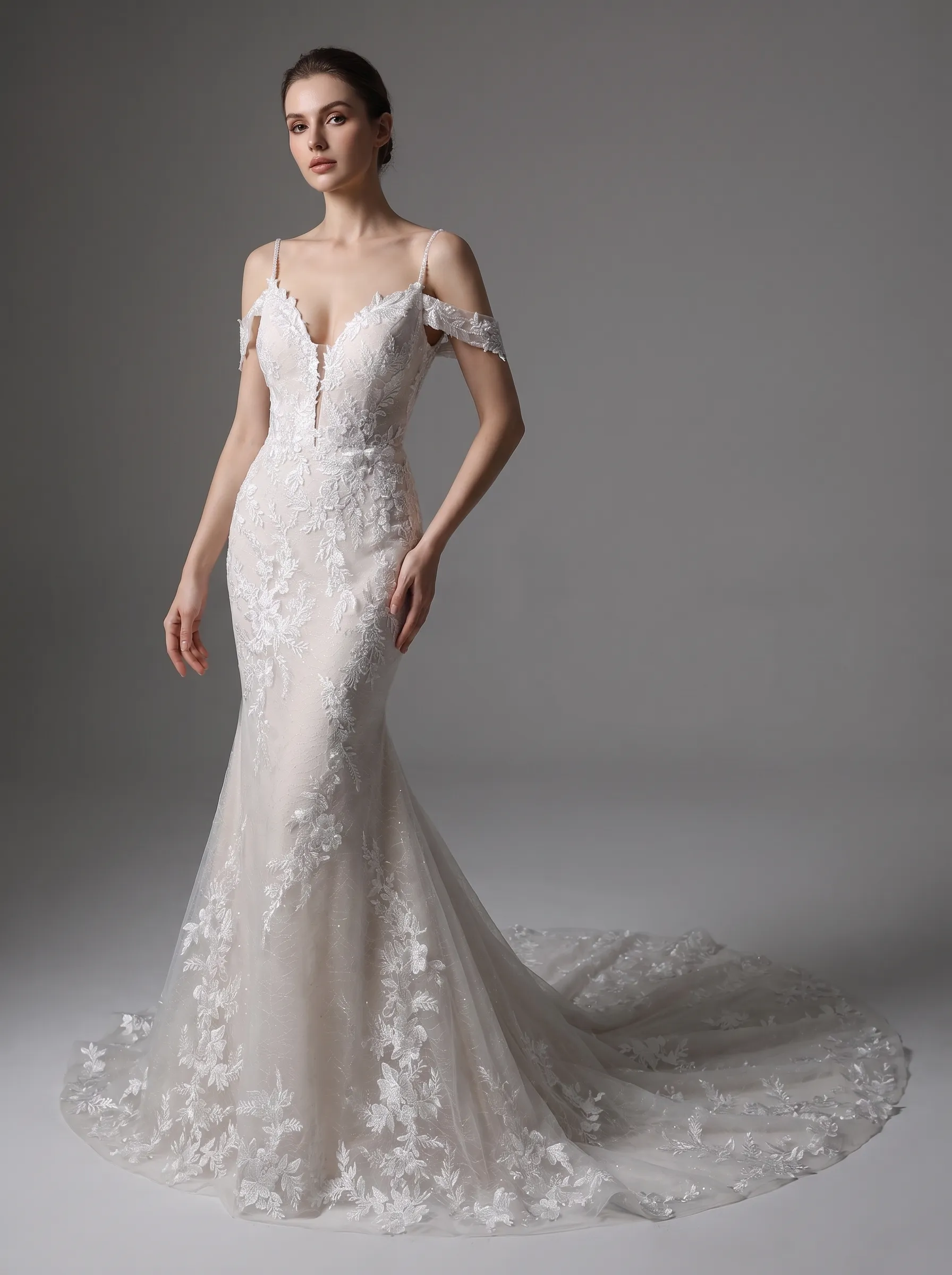 Couture Lee V-Neck Lace Mermaid Wedding Dress With Spaghetti Straps