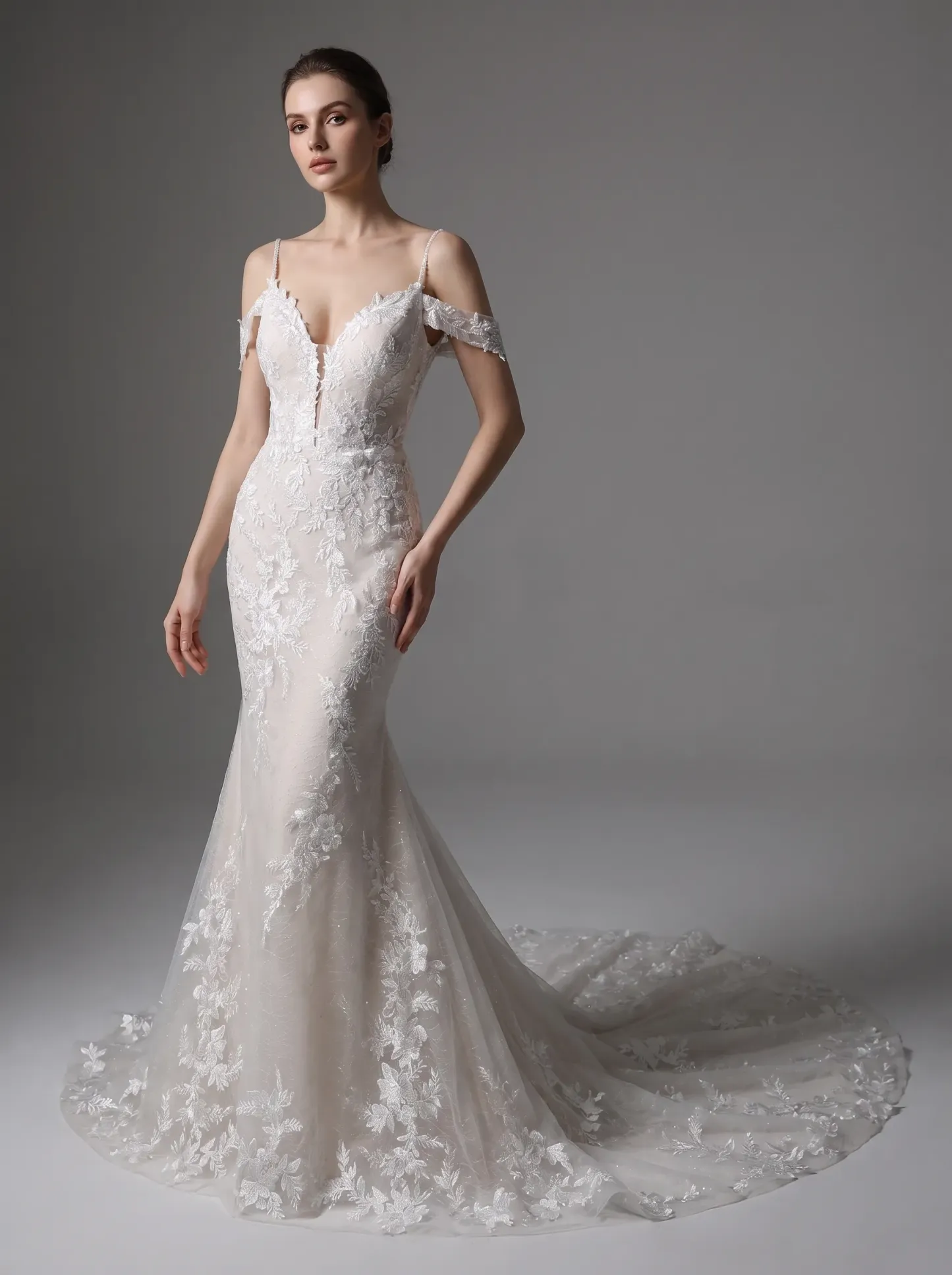 Couture Lee V-Neck Lace Mermaid Wedding Dress With Spaghetti Straps