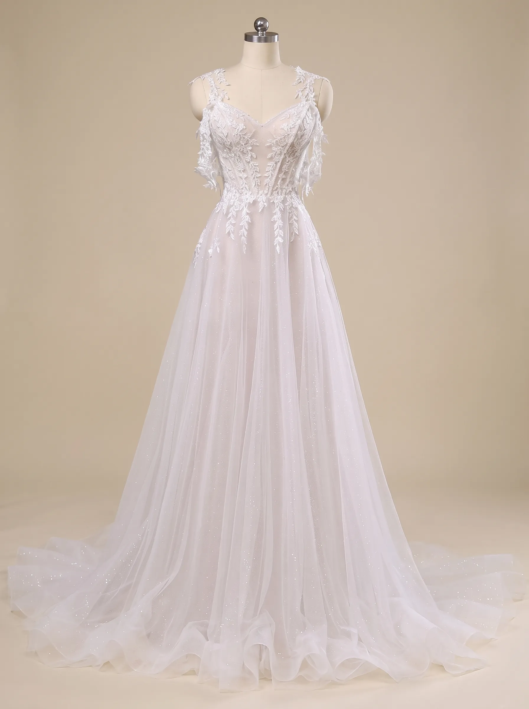 Couture Lee Lace A-Line Wedding Gown With Detachable Off-Shoulder Sleeves & Glitter Tulle Skirt