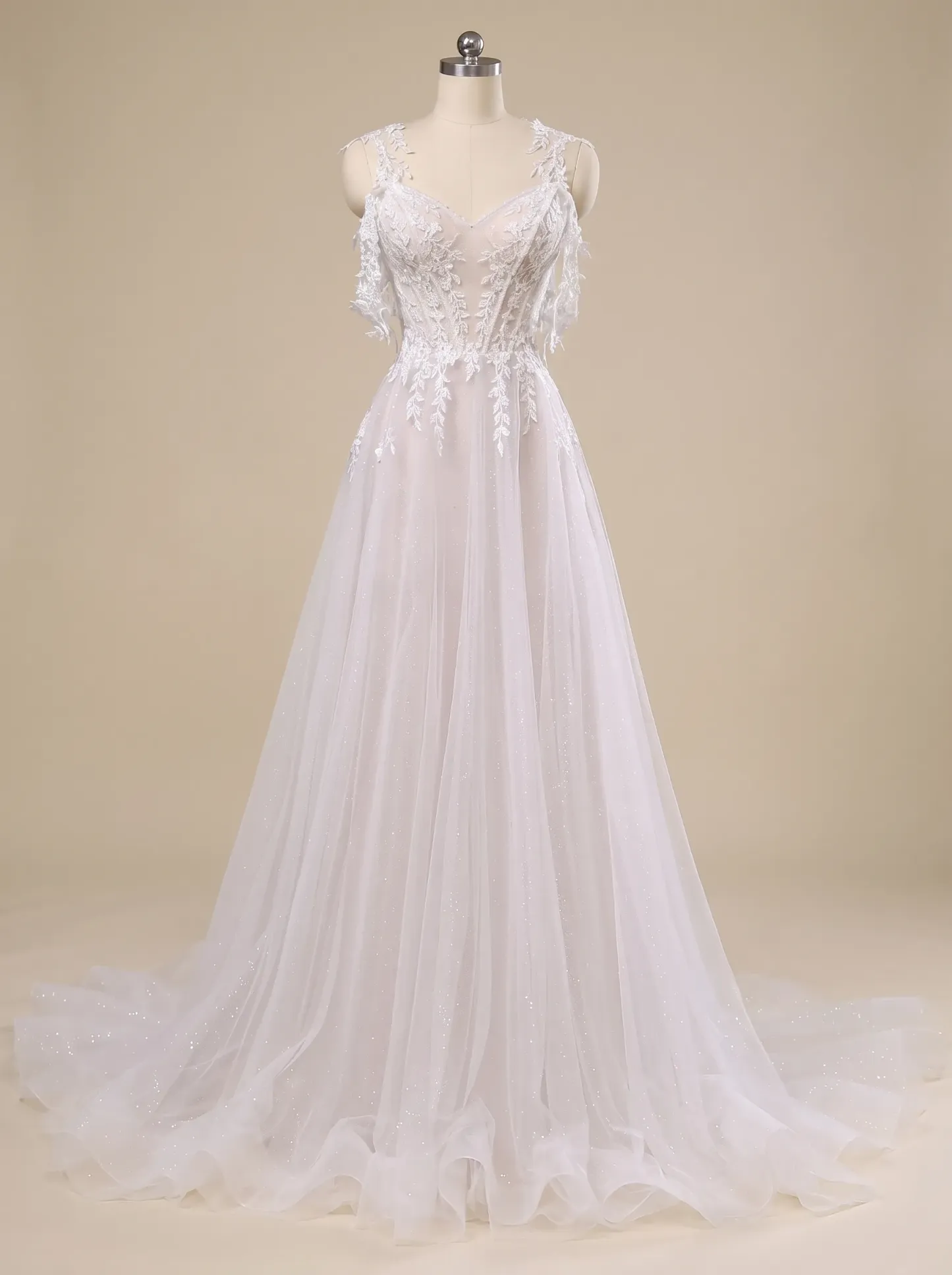 Couture Lee Lace A-Line Wedding Gown With Detachable Off-Shoulder Sleeves & Glitter Tulle Skirt