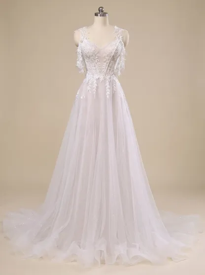 Couture Lee Lace A-Line Wedding Gown With Detachable Off-Shoulder Sleeves & Glitter Tulle Skirt