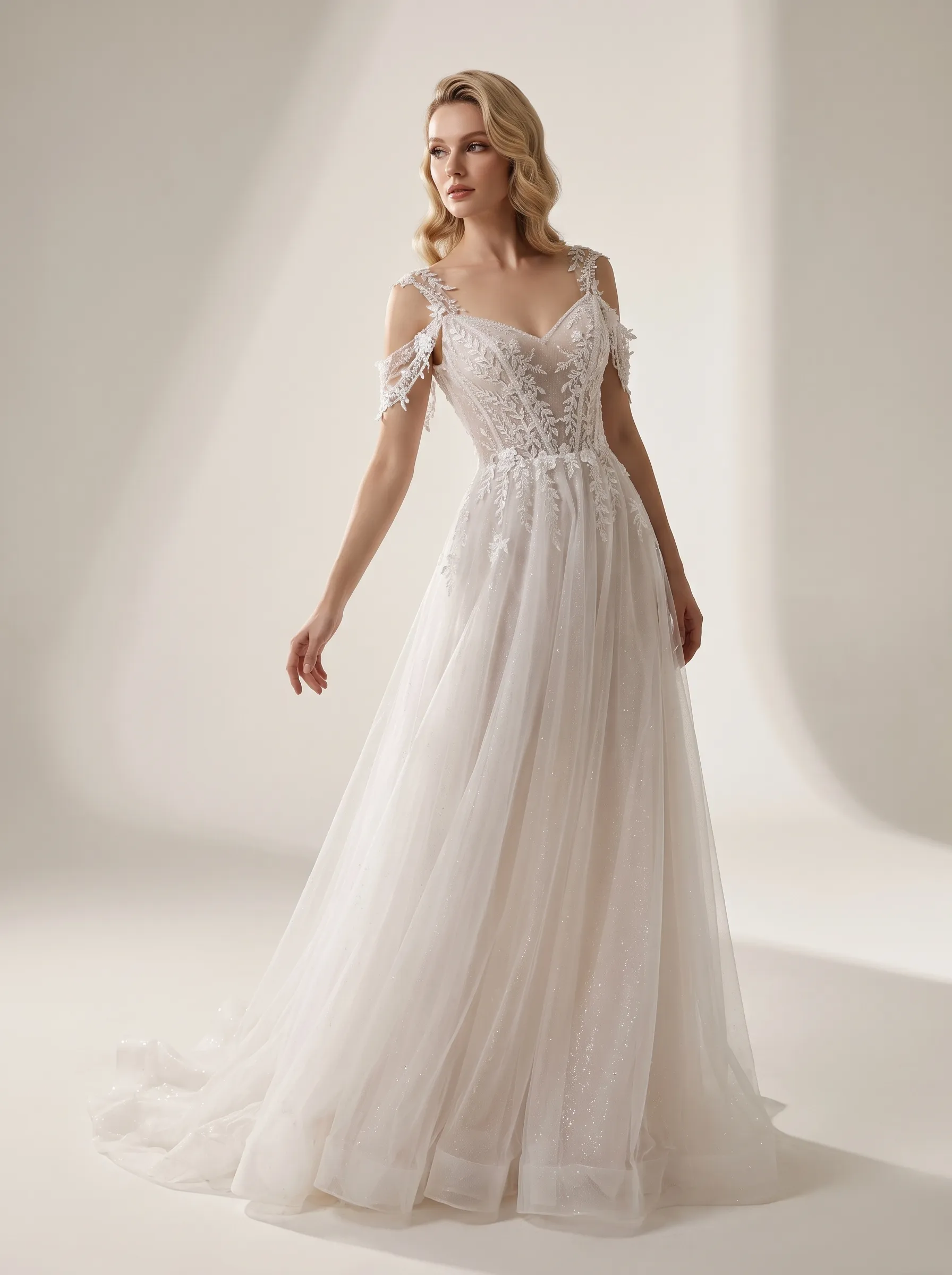 Couture Lee Lace A-Line Wedding Gown With Detachable Off-Shoulder Sleeves & Glitter Tulle Skirt