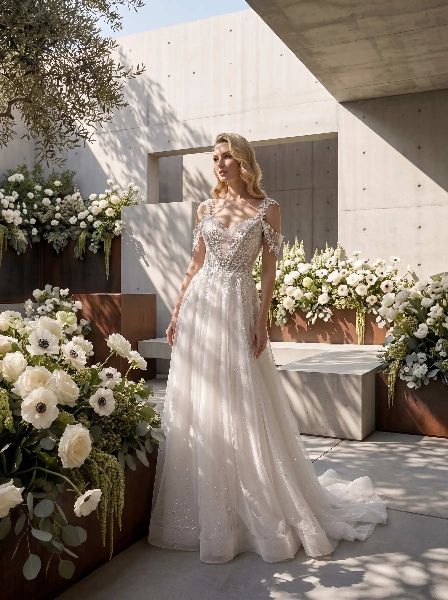 Couture Lee Lace A-Line Wedding Gown With Detachable Off-Shoulder Sleeves & Glitter Tulle Skirt