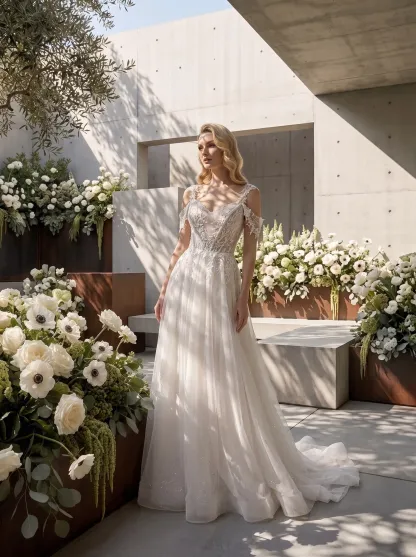 Couture Lee Lace A-Line Wedding Gown With Detachable Off-Shoulder Sleeves & Glitter Tulle Skirt