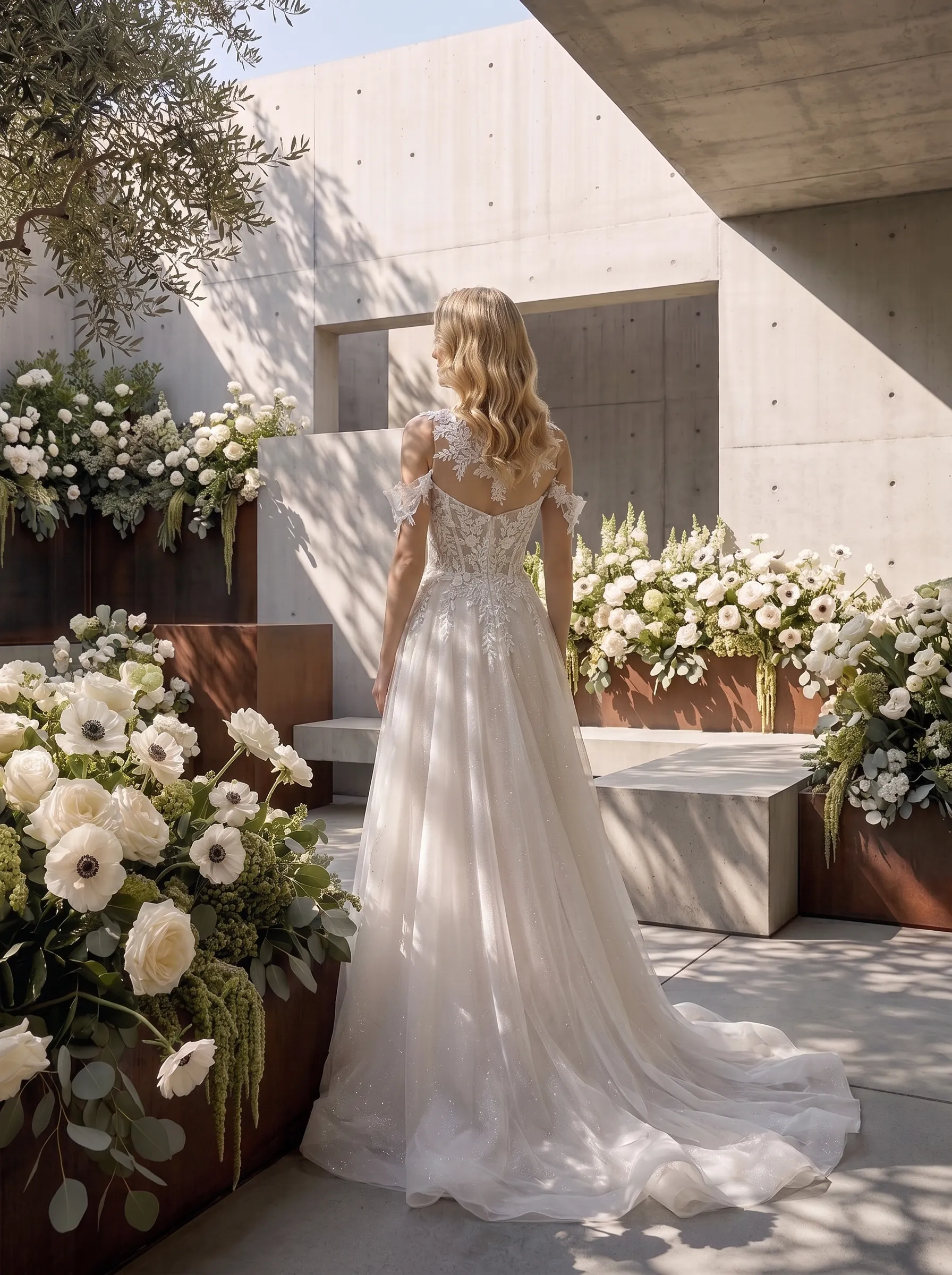Couture Lee Lace A-Line Wedding Gown With Detachable Off-Shoulder Sleeves & Glitter Tulle Skirt