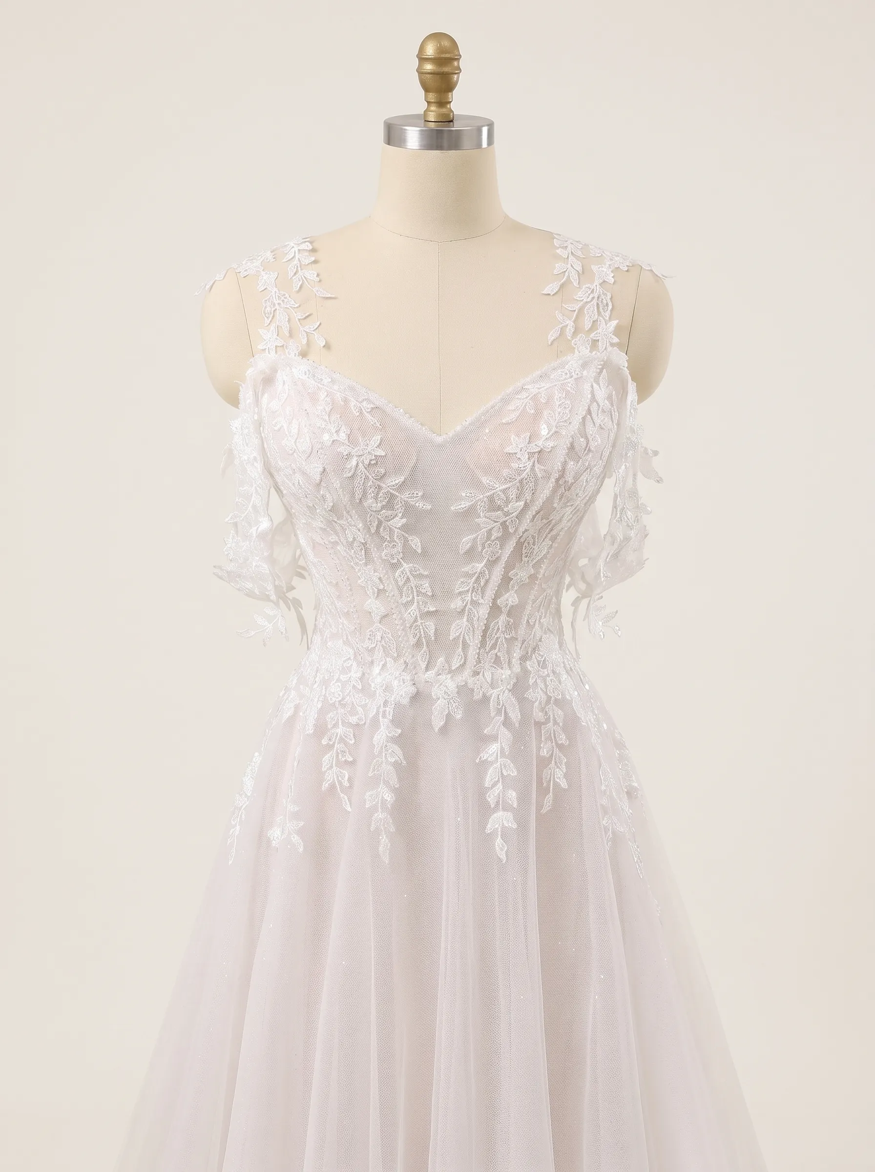 Couture Lee Lace A-Line Wedding Gown With Detachable Off-Shoulder Sleeves & Glitter Tulle Skirt
