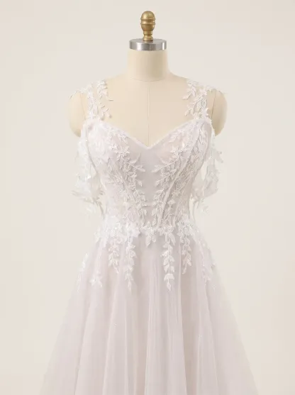 Couture Lee Lace A-Line Wedding Gown With Detachable Off-Shoulder Sleeves & Glitter Tulle Skirt