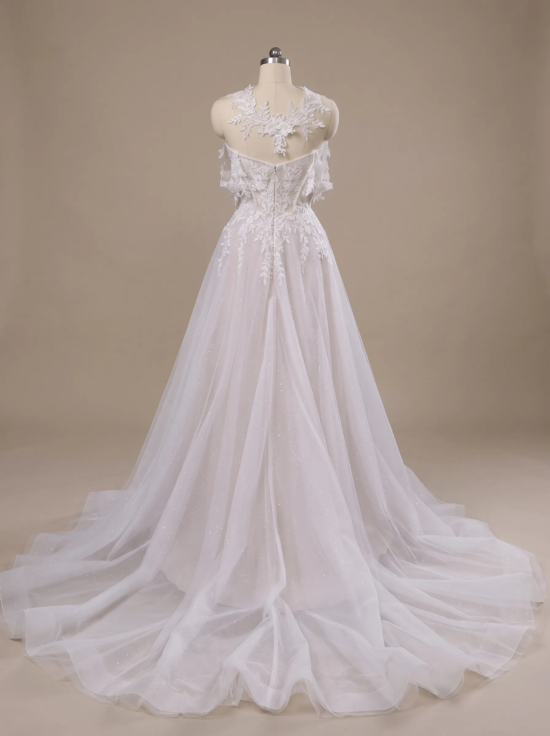 Couture Lee Lace A-Line Wedding Gown With Detachable Off-Shoulder Sleeves & Glitter Tulle Skirt