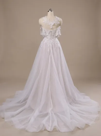Couture Lee Lace A-Line Wedding Gown With Detachable Off-Shoulder Sleeves & Glitter Tulle Skirt