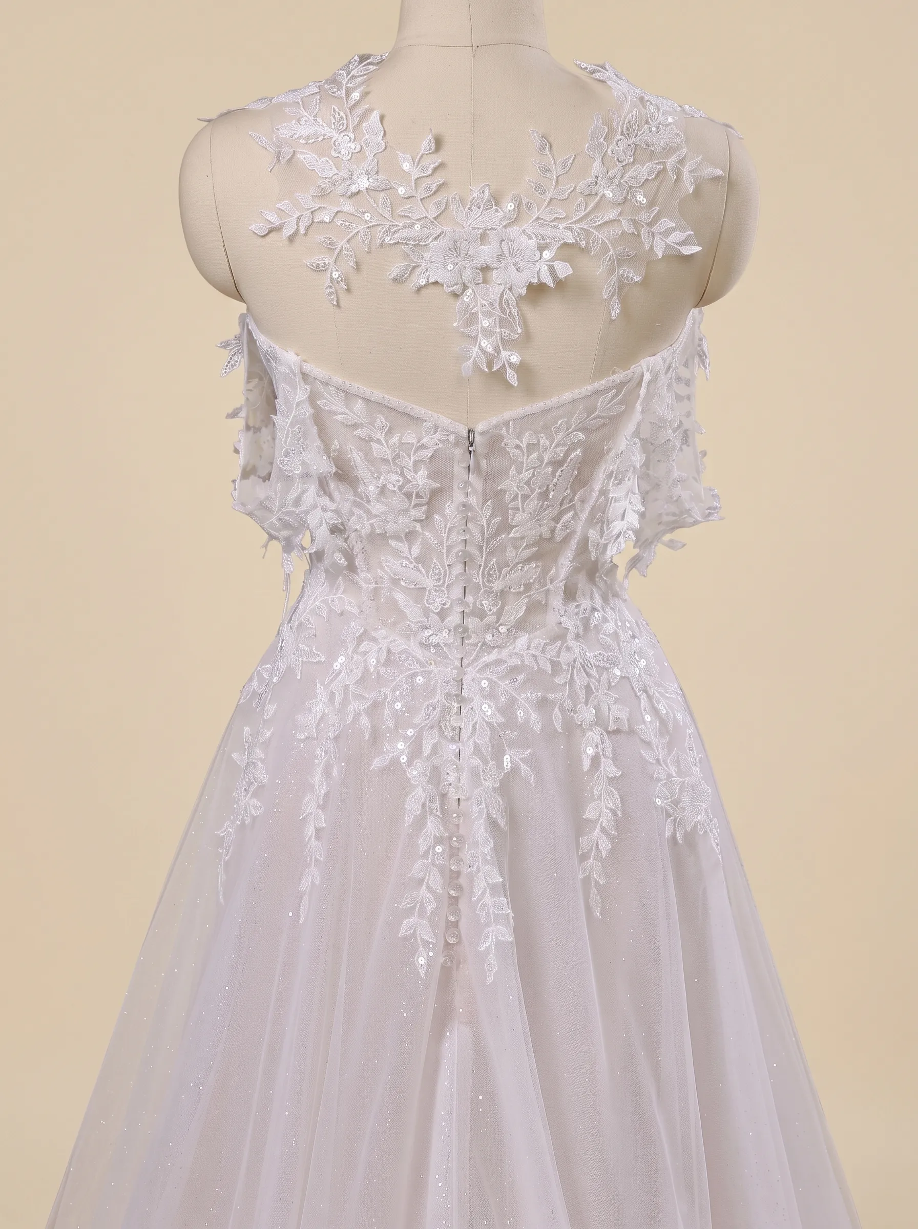 Couture Lee Lace A-Line Wedding Gown With Detachable Off-Shoulder Sleeves & Glitter Tulle Skirt