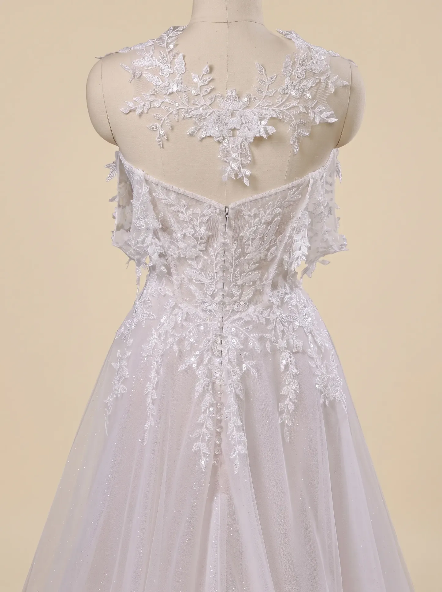 Couture Lee Lace A-Line Wedding Gown With Detachable Off-Shoulder Sleeves & Glitter Tulle Skirt