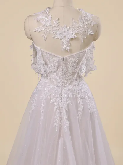 Couture Lee Lace A-Line Wedding Gown With Detachable Off-Shoulder Sleeves & Glitter Tulle Skirt