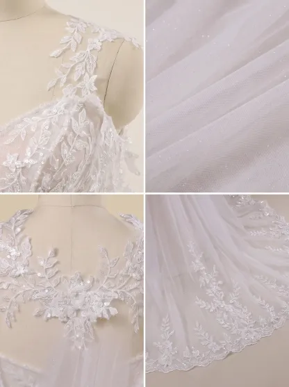 Couture Lee Lace A-Line Wedding Gown With Detachable Off-Shoulder Sleeves & Glitter Tulle Skirt
