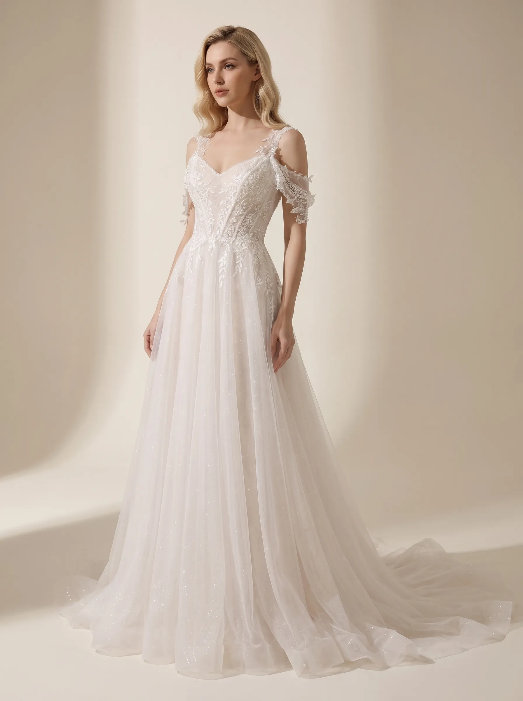Couture Lee Lace A-Line Wedding Gown With Detachable Off-Shoulder Sleeves & Glitter Tulle Skirt