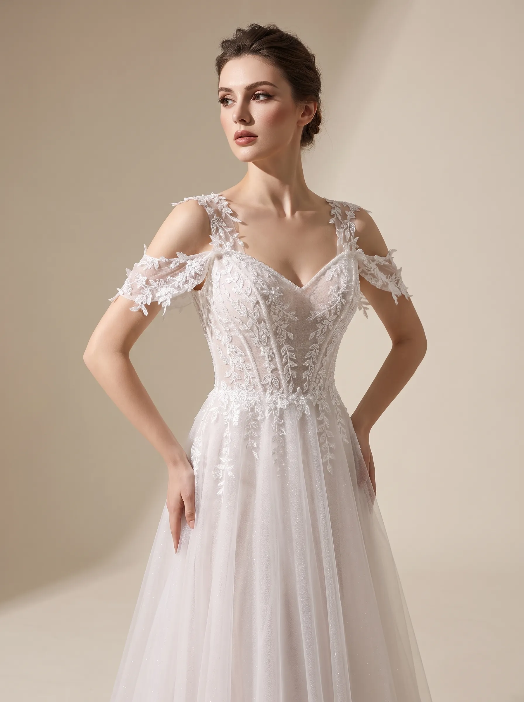 Couture Lee Lace A-Line Wedding Gown With Detachable Off-Shoulder Sleeves & Glitter Tulle Skirt
