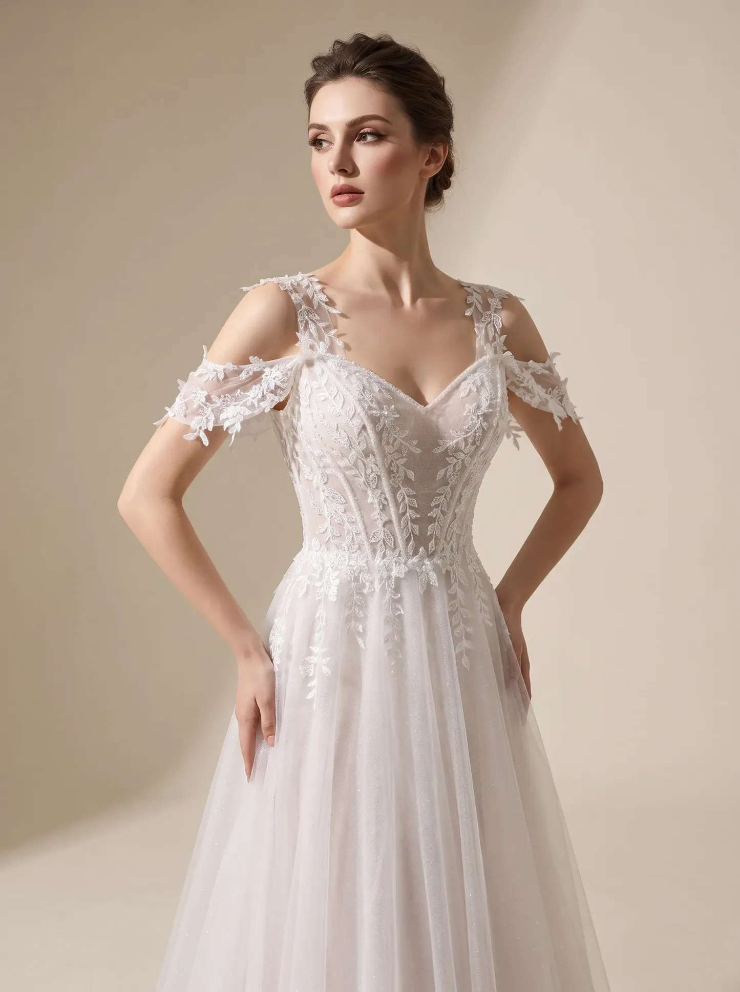 Couture Lee Lace A-Line Wedding Gown With Detachable Off-Shoulder Sleeves & Glitter Tulle Skirt
