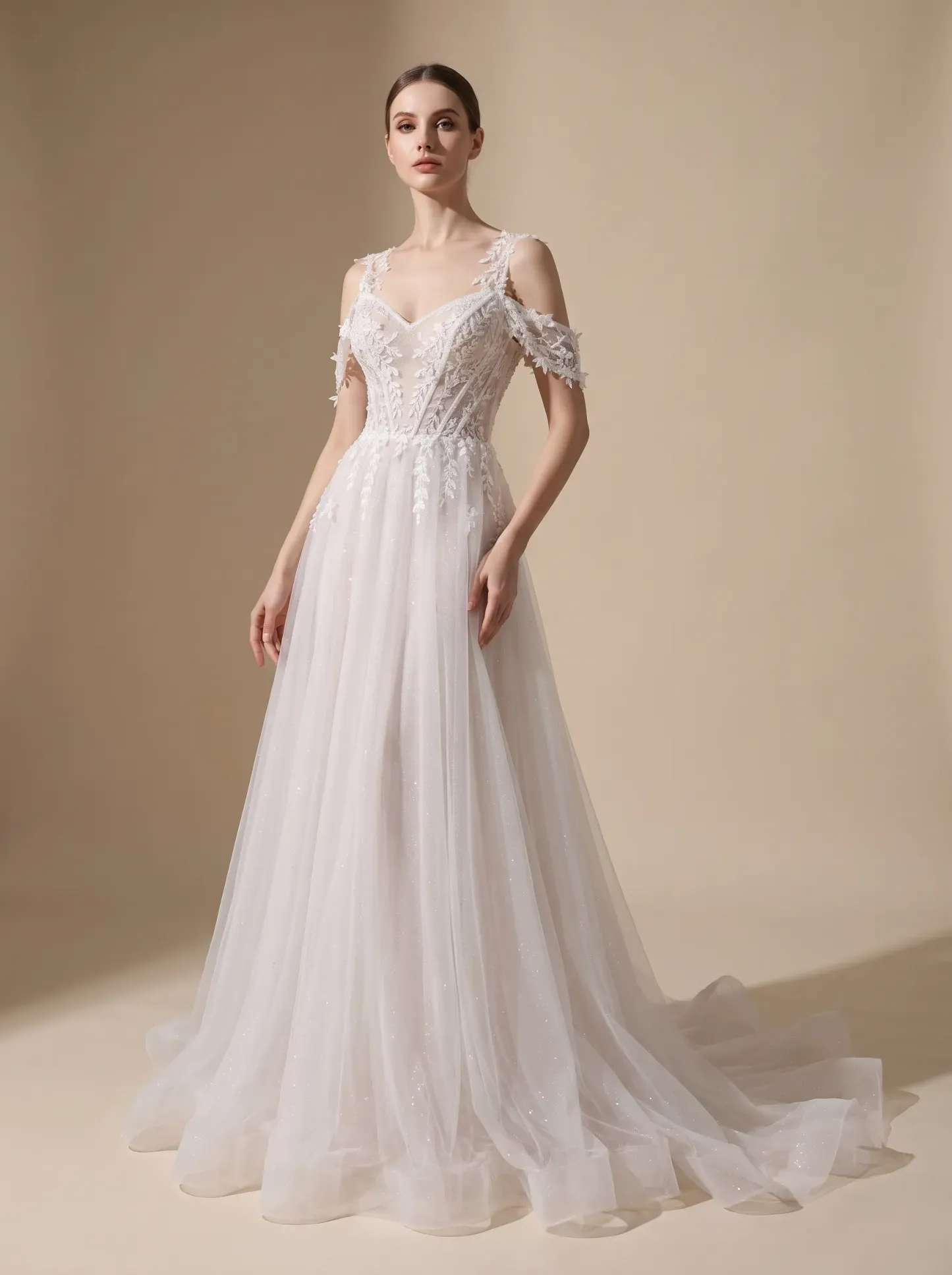 Couture Lee Lace A-Line Wedding Gown With Detachable Off-Shoulder Sleeves & Glitter Tulle Skirt