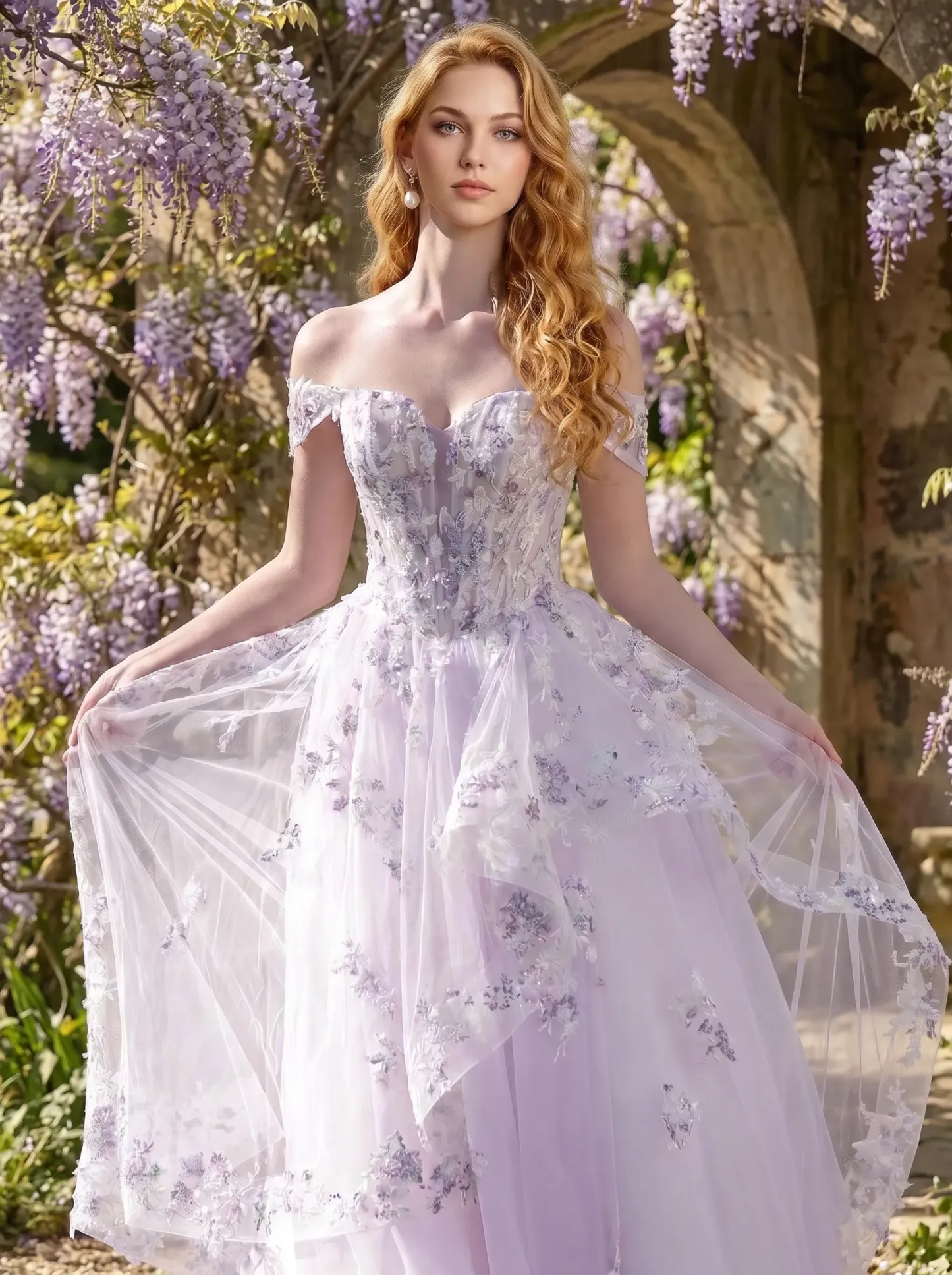Couture Lee Floral Sheer-Bodice Bridal Gown with Asymmetric Ruffled Skirt