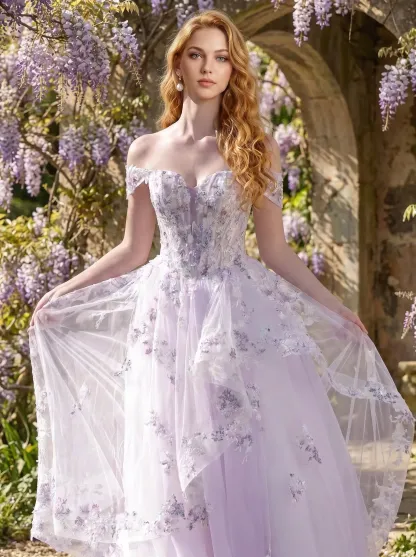Couture Lee Floral Sheer-Bodice Bridal Gown with Asymmetric Ruffled Skirt