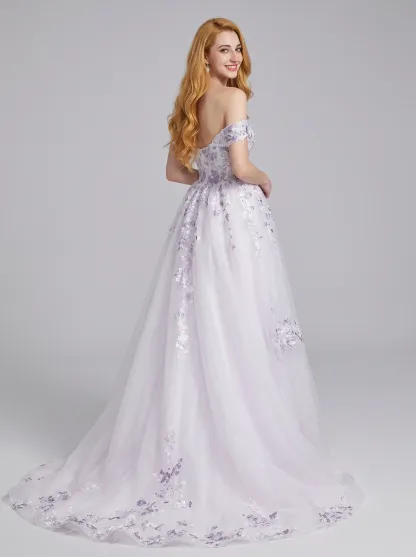 Couture Lee Floral Sheer-Bodice Bridal Gown with Asymmetric Ruffled Skirt