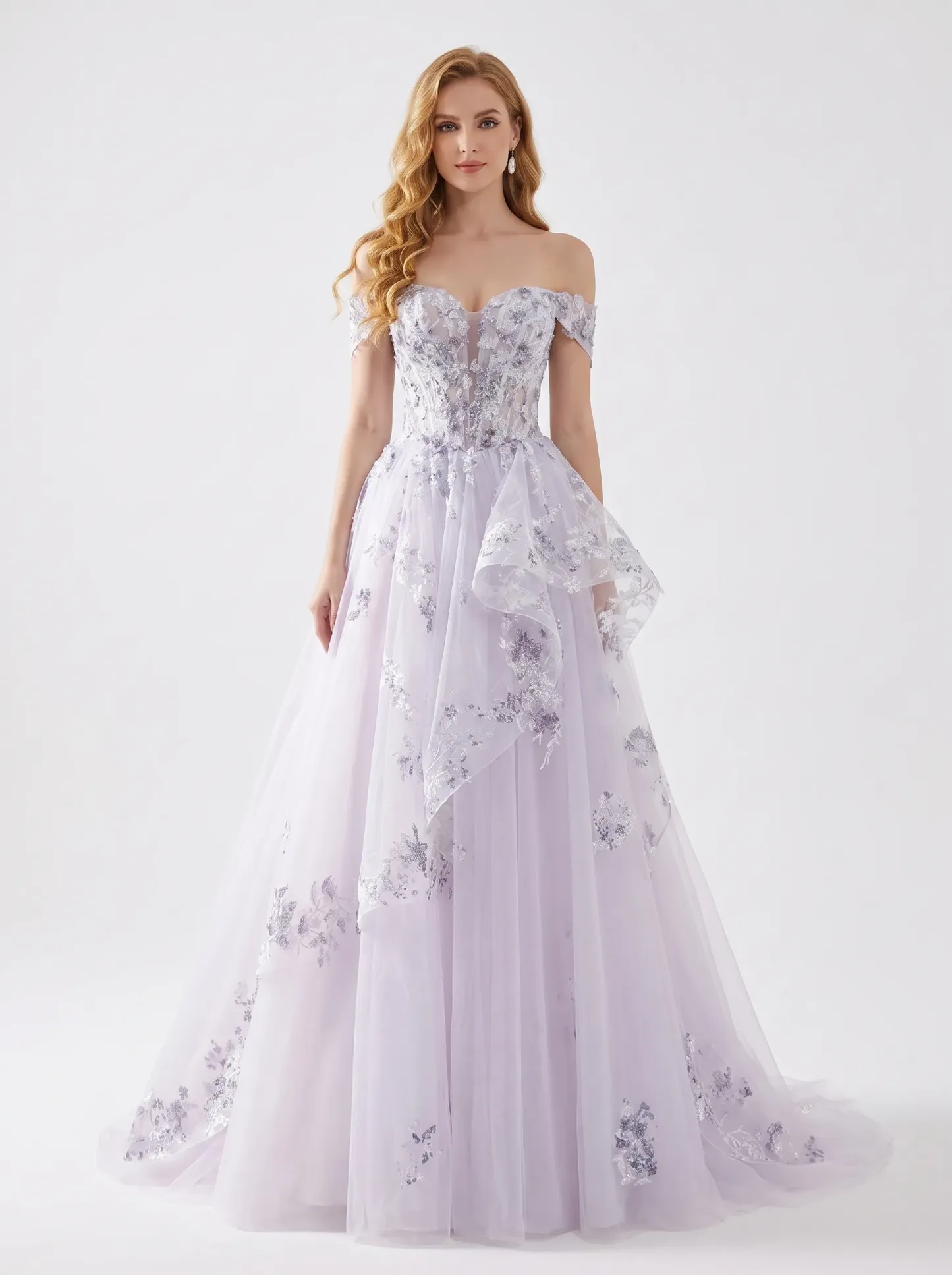 Couture Lee Floral Sheer-Bodice Bridal Gown with Asymmetric Ruffled Skirt