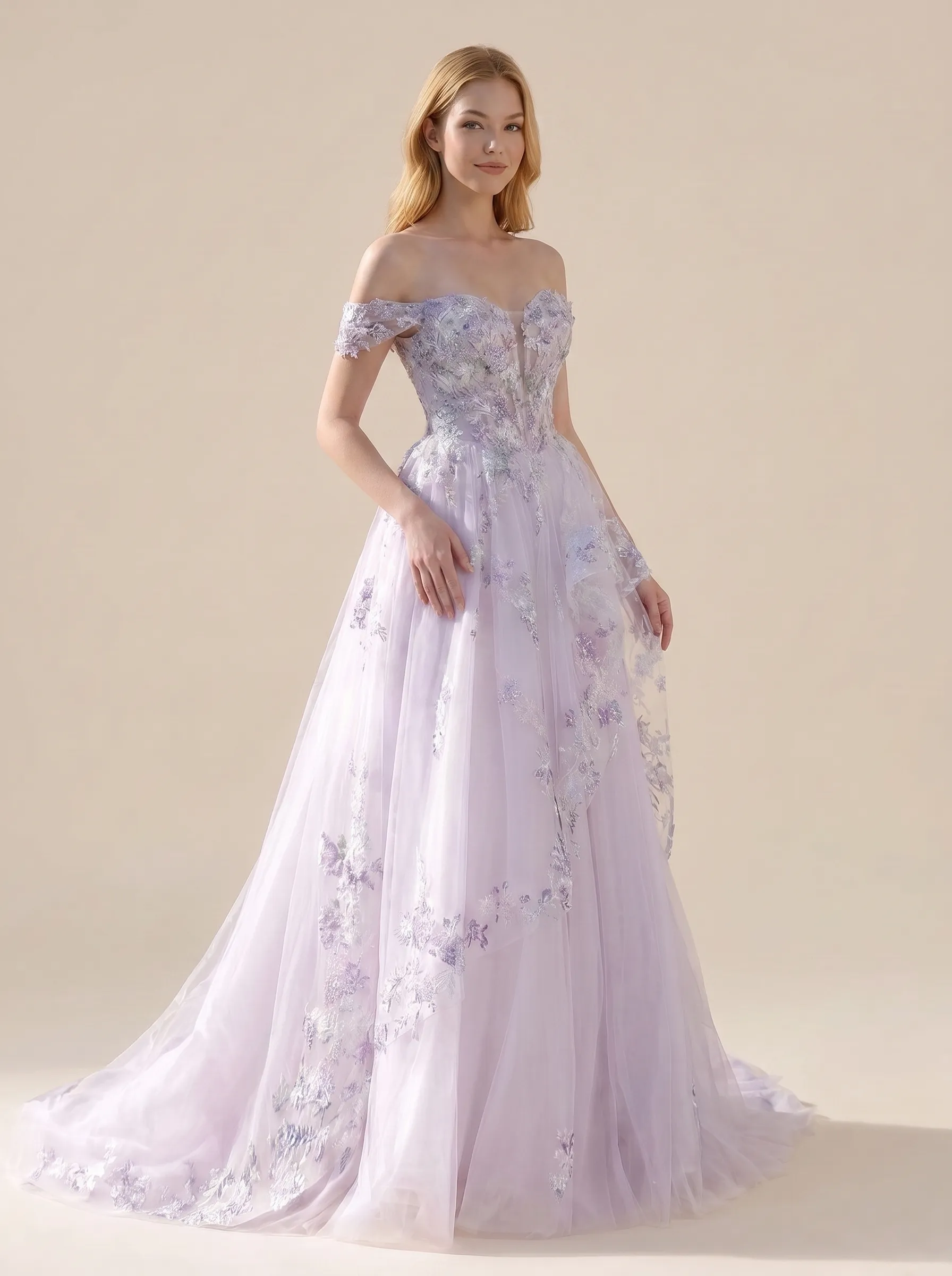 Couture Lee Floral Sheer-Bodice Bridal Gown with Asymmetric Ruffled Skirt