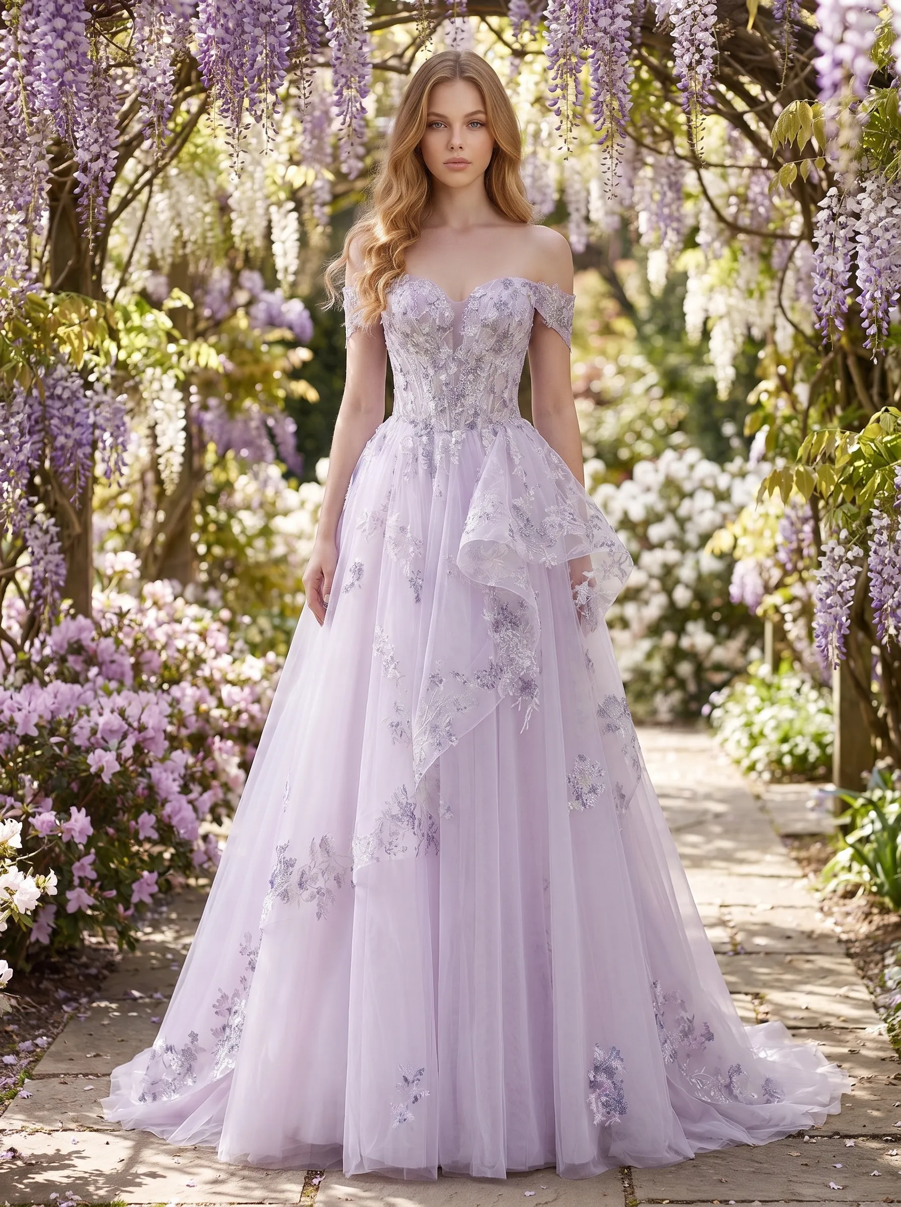 Couture Lee Floral Sheer-Bodice Bridal Gown with Asymmetric Ruffled Skirt