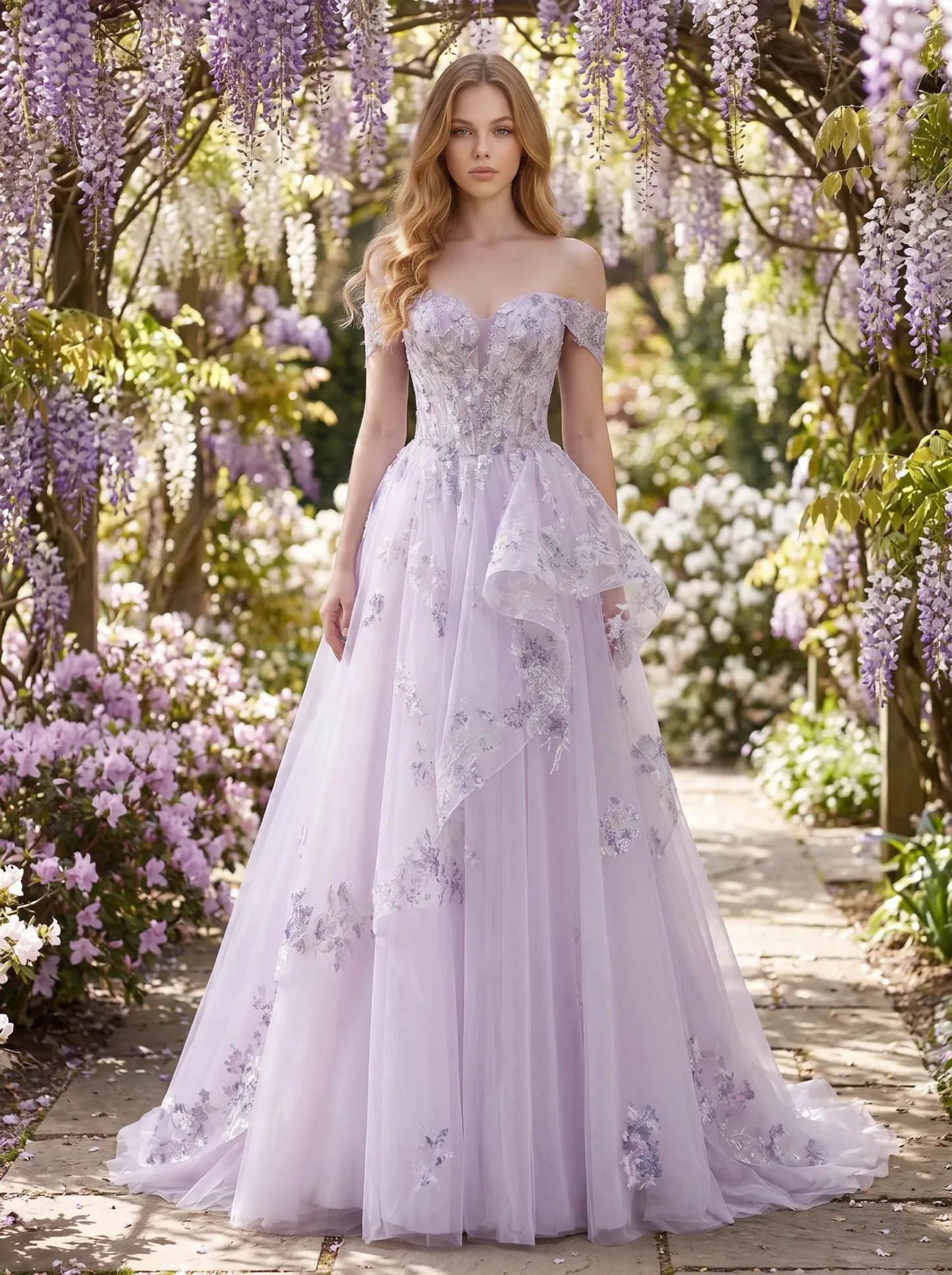 Couture Lee Floral Sheer-Bodice Bridal Gown with Asymmetric Ruffled Skirt