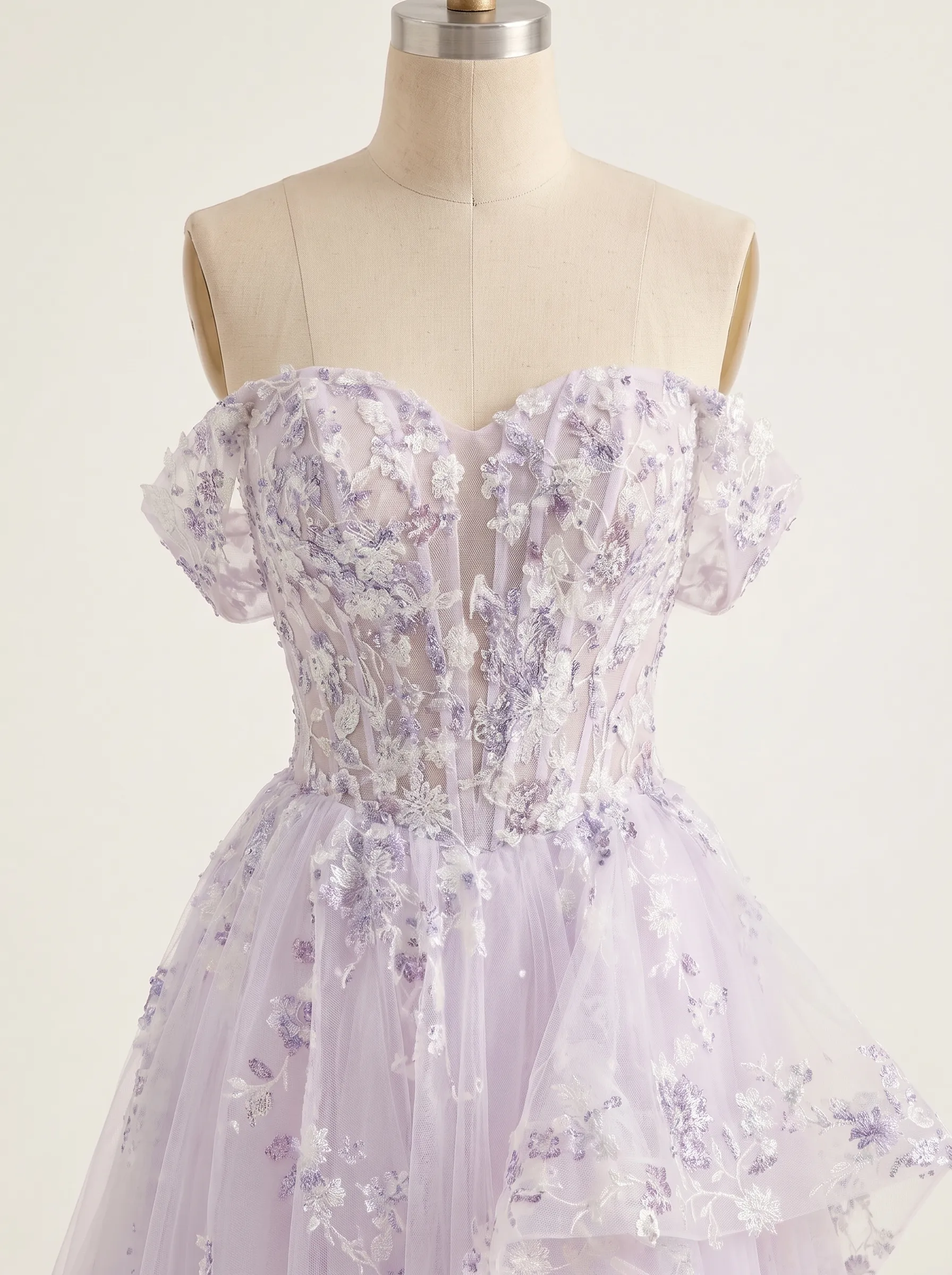 Couture Lee Floral Sheer-Bodice Bridal Gown with Asymmetric Ruffled Skirt