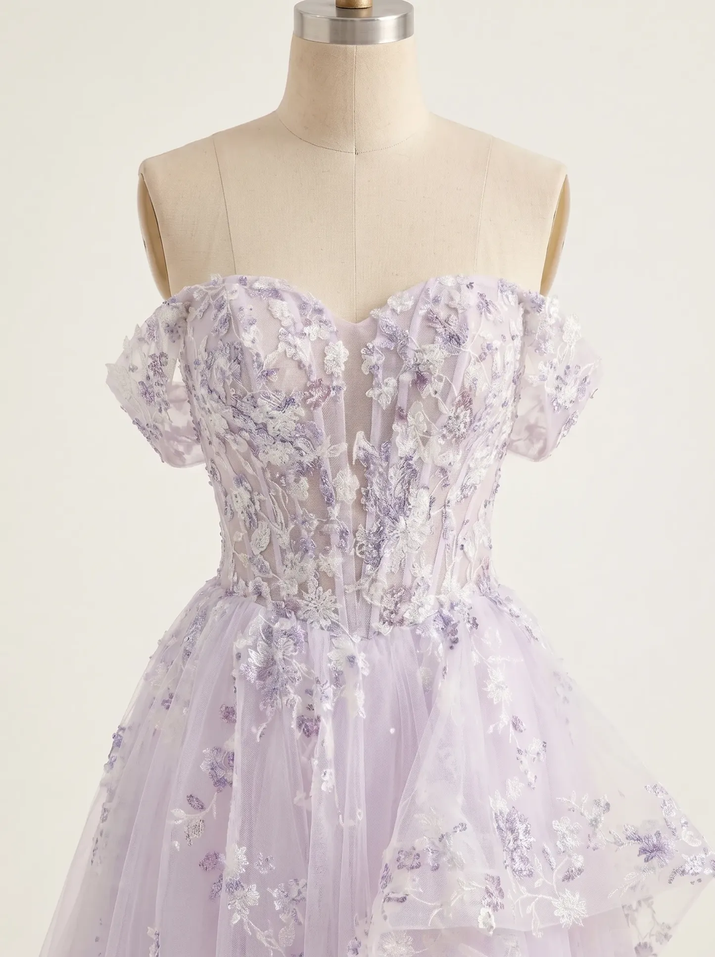 Couture Lee Floral Sheer-Bodice Bridal Gown with Asymmetric Ruffled Skirt
