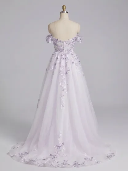 Couture Lee Floral Sheer-Bodice Bridal Gown with Asymmetric Ruffled Skirt