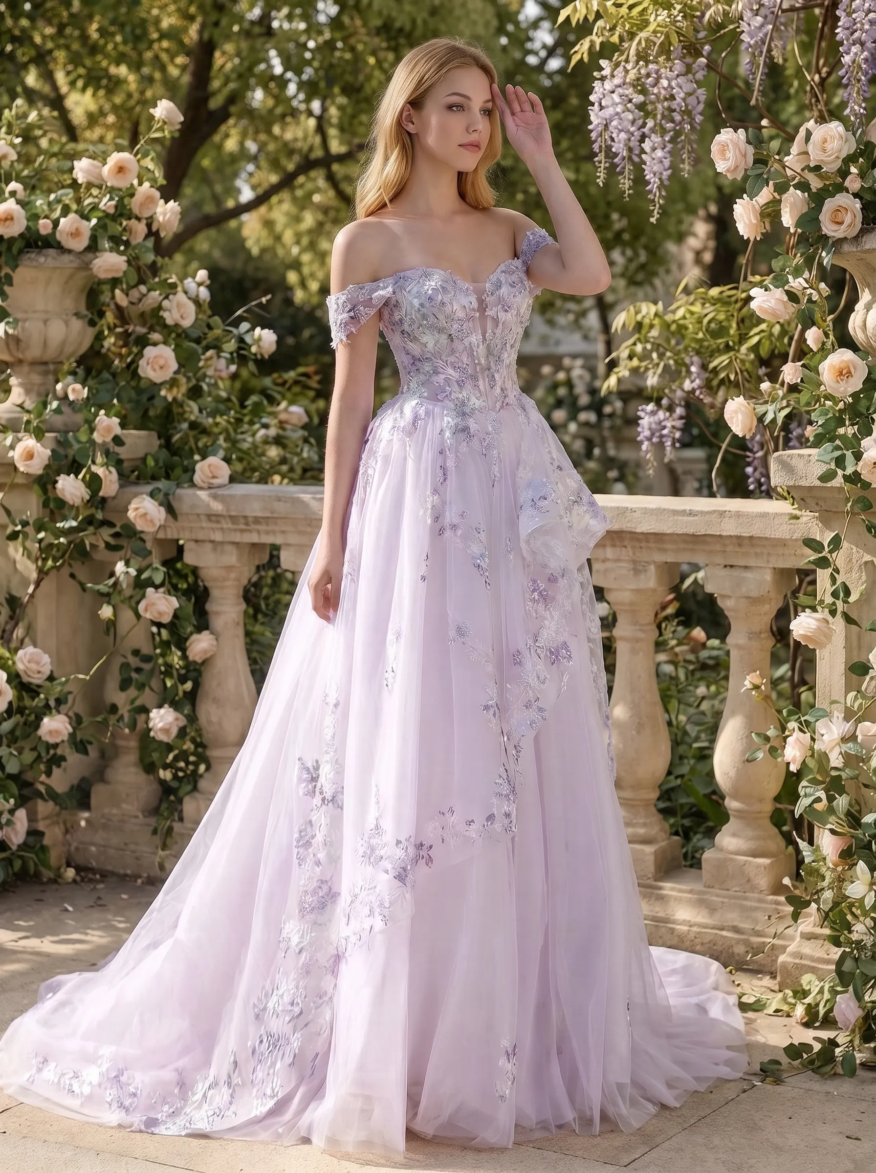 Couture Lee Floral Sheer-Bodice Bridal Gown with Asymmetric Ruffled Skirt