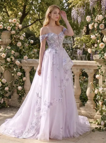 Couture Lee Floral Sheer-Bodice Bridal Gown with Asymmetric Ruffled Skirt