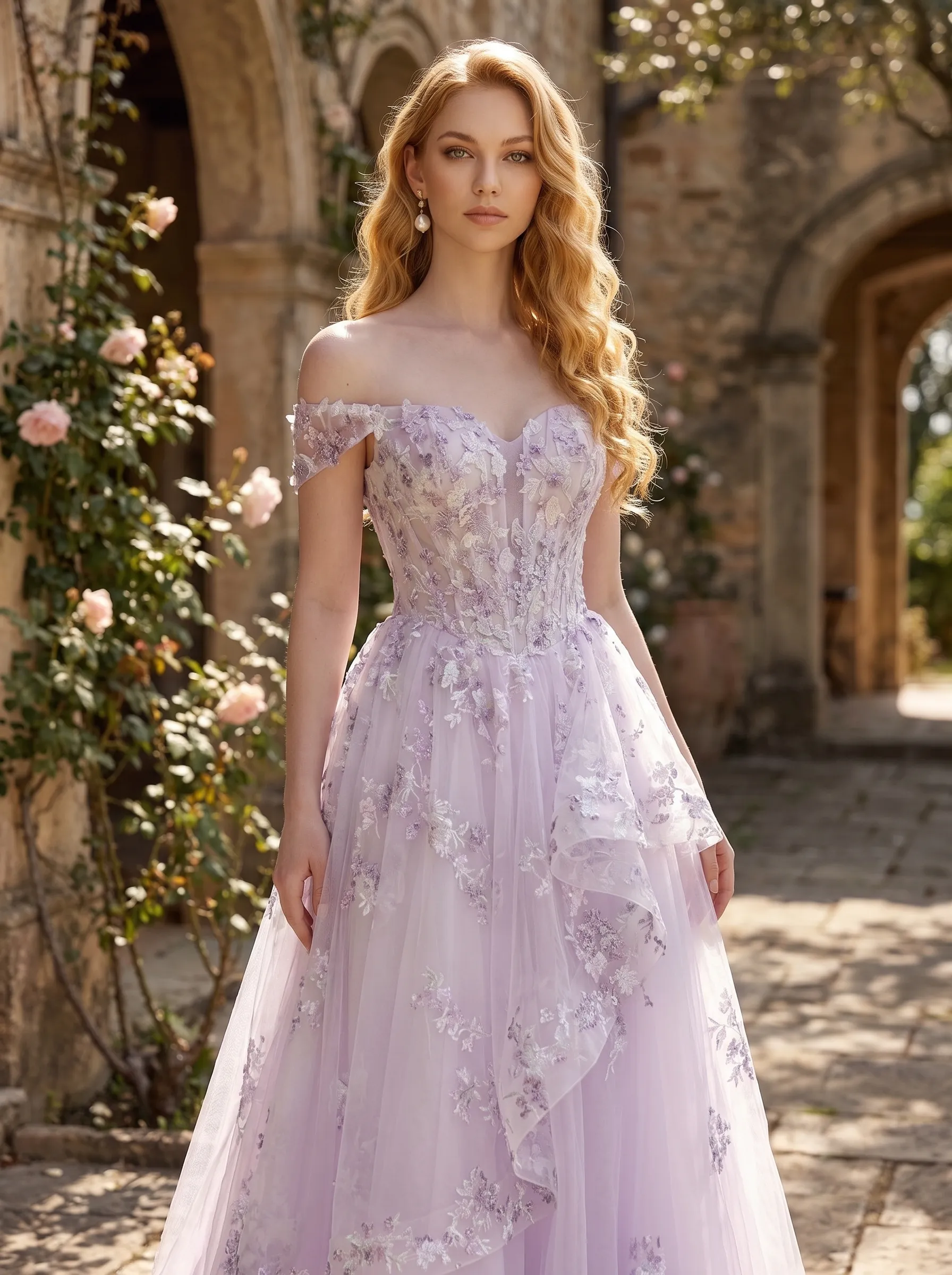 Couture Lee Floral Sheer-Bodice Bridal Gown with Asymmetric Ruffled Skirt