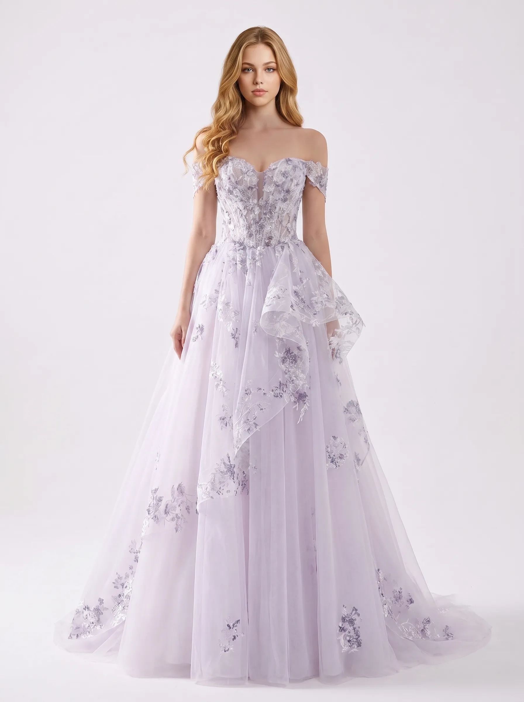 Couture Lee Floral Sheer-Bodice Bridal Gown with Asymmetric Ruffled Skirt