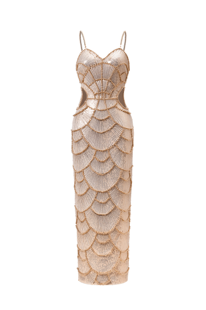 Teresa Pearl Sequin Gold Midi Dress