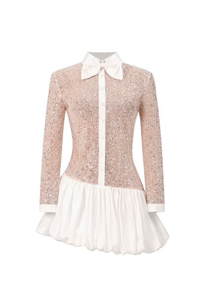 Theodora Long Sleeveless Embroidery Lace Sequin Puff Mini Dress