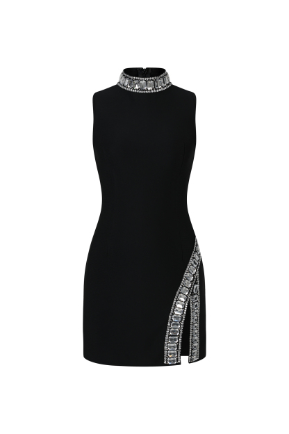 Kianala Bandage  Sleeveless High Neck Diamond Slit Mini Dress