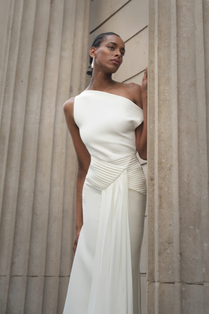 Paulina Oblique Shoulder Sleeveless Folds Midi Dress