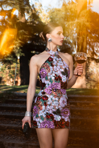 Polasa Halter Sleeveless Sequins Flower Mini Dress