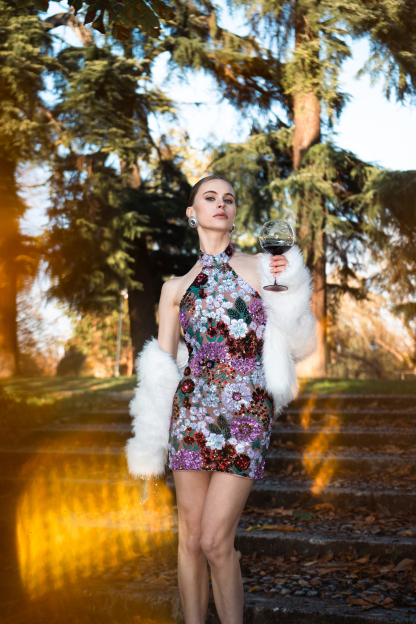 Polasa Halter Sleeveless Sequins Flower Mini Dress