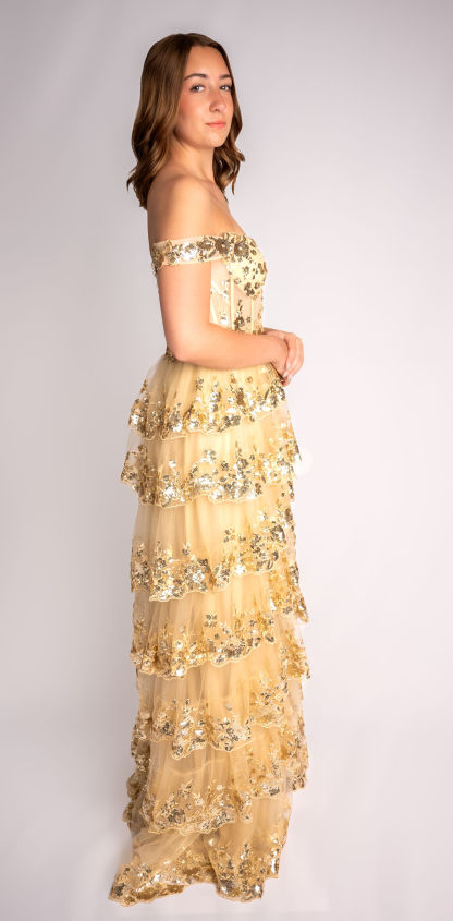 A-Line Sweetheart Tiered Ruffle Off-Shoulder Lace Prom Dress #CL008