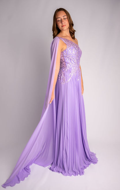 A-Line One Shoulder Pleated Floral Lace Prom Dress With Drape Sleeve #CL011