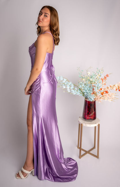 Sheath Cowl Satin Corset Bodice Rouched Skirt Slit Prom Dress #CL019