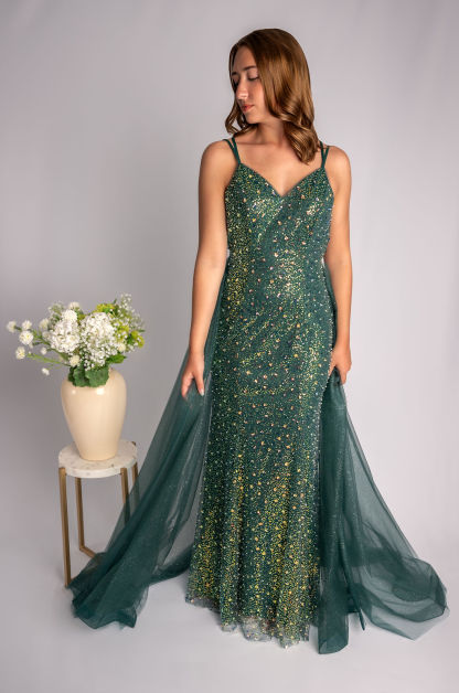 Sheath V-Neck Beaded Prom Dress With Mesh Triangle Bust #CL031